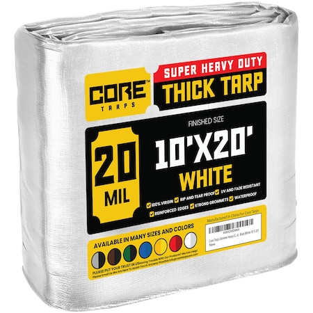 Core Tarps Heavy Duty Tarp, 20 ft L x 0.5 mm H x 10 ft W, 20 Mil, White, Polyethylene CT-704-10X20
